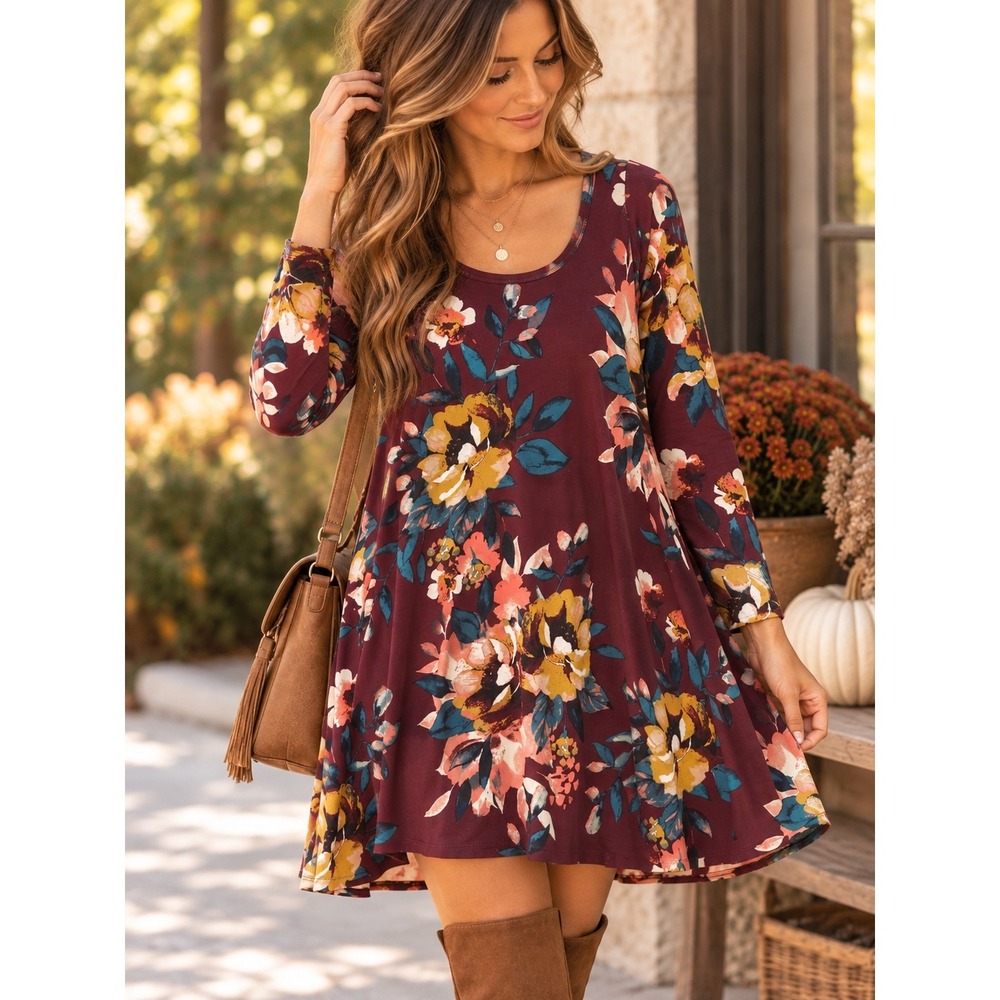 Jodifl Burgundy Floral Long Sleeve Swing Dress Small Boho A-Line Mini Dress